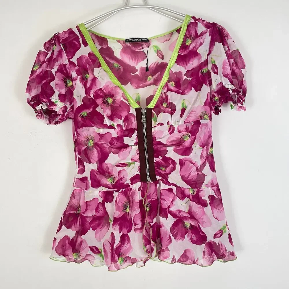 Dolce & Gabbana Purple Floral Print V Neck Puff Sleeve Blouse Size Large - Picture 1 of 8